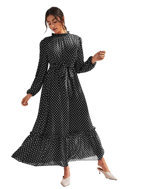 Black_Fashion_Elegant_Dress_V-Neck_Polka_Dot_Printed_Long_Sleeve_Casual_Loose_Cute_Dress_For_Women