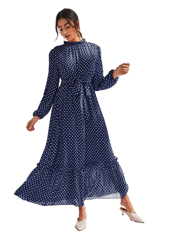 Blue_Fashion_Elegant_Dress_V-Neck_Polka_Dot_Printed_Long_Sleeve_Casual_Loose_Cute_Dress_For_Women