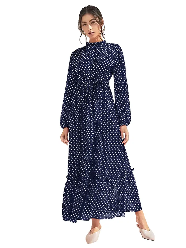Blue_Fashion_Elegant_Dress_V-Neck_Polka_Dot_Printed_Long_Sleeve_Casual_Loose_Cute_Dress_For_Women