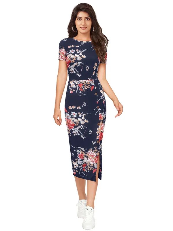 Blue_Floral_Print_Short_Sleeve_Belted_Waist_Side_Slit_Midi_Dress_For_Women
