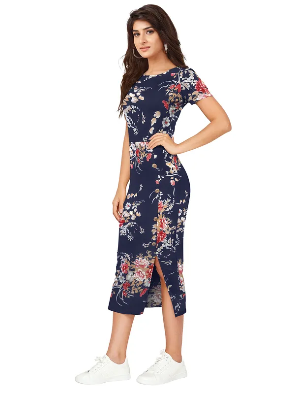 Blue_Floral_Print_Short_Sleeve_Belted_Waist_Side_Slit_Midi_Dress_For_Women