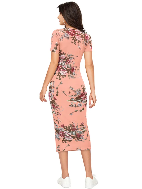Peach_Floral_Print_Short_Sleeve_Belted_Waist_Side_Slit_Midi_Dress_For_Women
