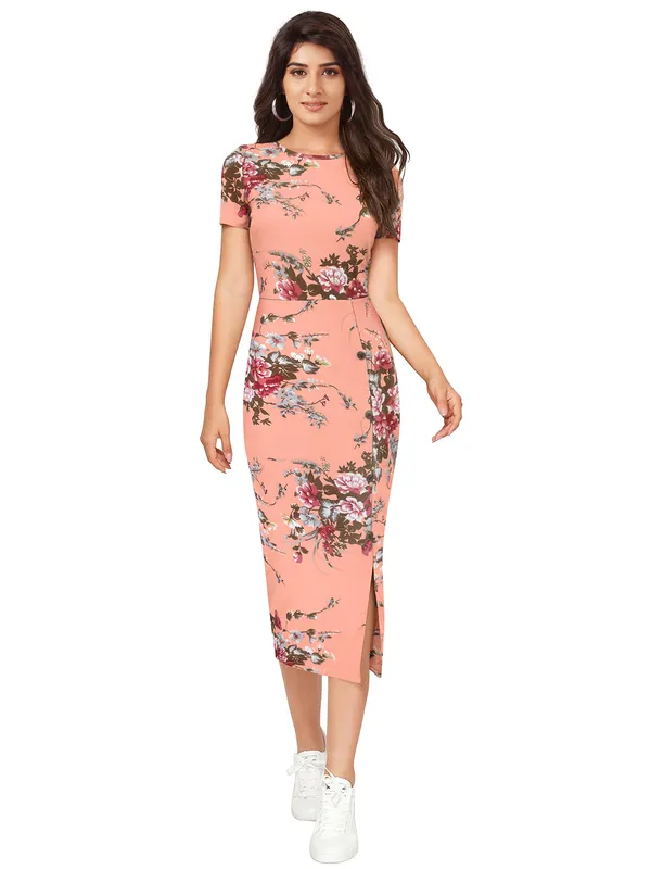Peach_Floral_Print_Short_Sleeve_Belted_Waist_Side_Slit_Midi_Dress_For_Women
