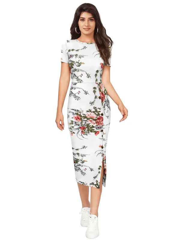 White_Floral_Print_Short_Sleeve_Belted_Waist_Side_Slit_Midi_Dress_For_Women