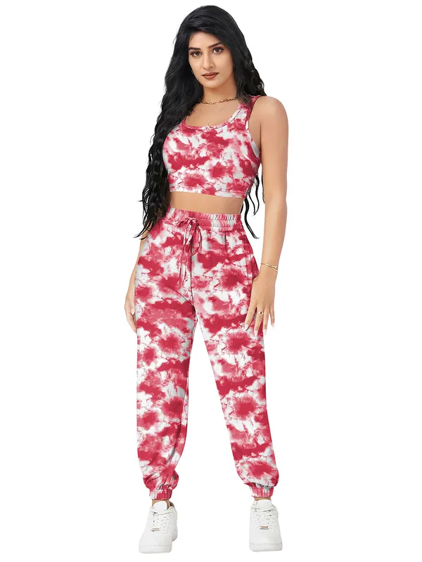 Maroon_Aesthetic_Bodies_Tie_Dye_Twisted_Knot_Round_Neck_&_Sleeveless_Pattern_Jogger_Co-Ord_Set_For_Women