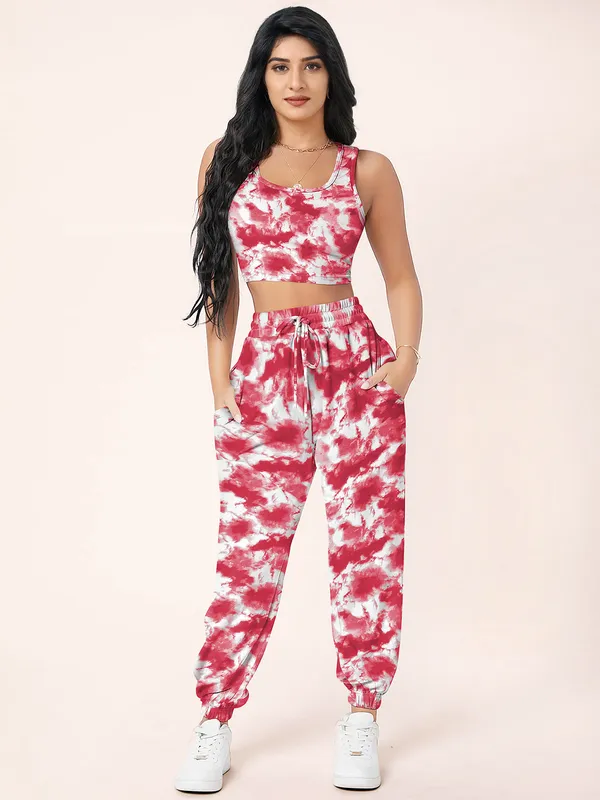 Maroon_Aesthetic_Bodies_Tie_Dye_Twisted_Knot_Round_Neck_&_Sleeveless_Pattern_Jogger_Co-Ord_Set_For_Women