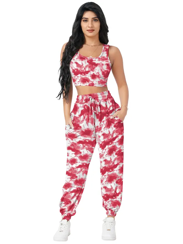 Maroon_Aesthetic_Bodies_Tie_Dye_Twisted_Knot_Round_Neck_&_Sleeveless_Pattern_Jogger_Co-Ord_Set_For_Women