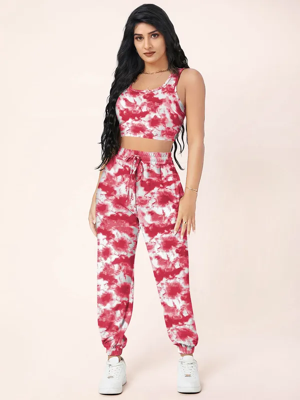 Maroon_Aesthetic_Bodies_Tie_Dye_Twisted_Knot_Round_Neck_&_Sleeveless_Pattern_Jogger_Co-Ord_Set_For_Women