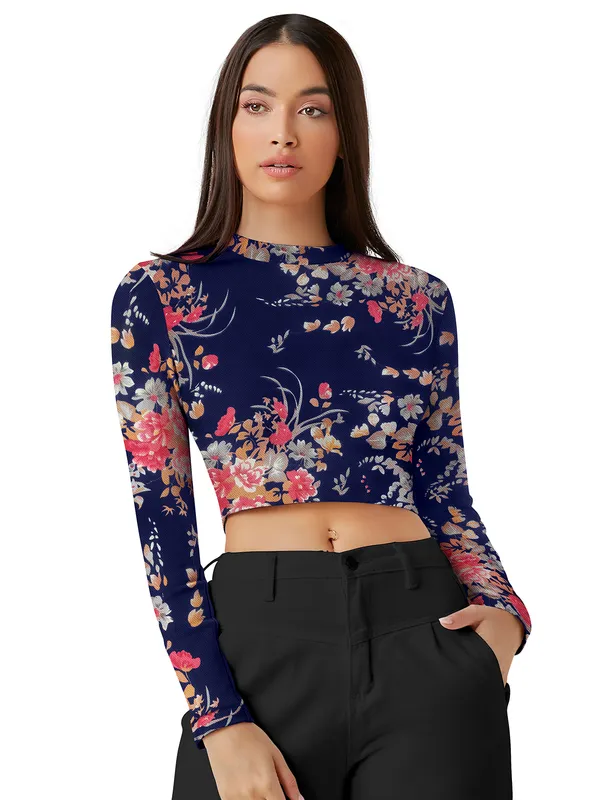 Blue_Stretch_Long_Sleeve_Top_With_Floral_Pattern_Fitted_Pullover_Soft_Breathable_Fabric_For_Trendy_Casual_Crop_Top_For_Women