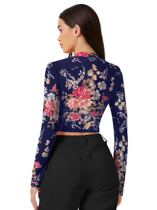 Blue_Stretch_Long_Sleeve_Top_With_Floral_Pattern_Fitted_Pullover_Soft_Breathable_Fabric_For_Trendy_Casual_Crop_Top_For_Women