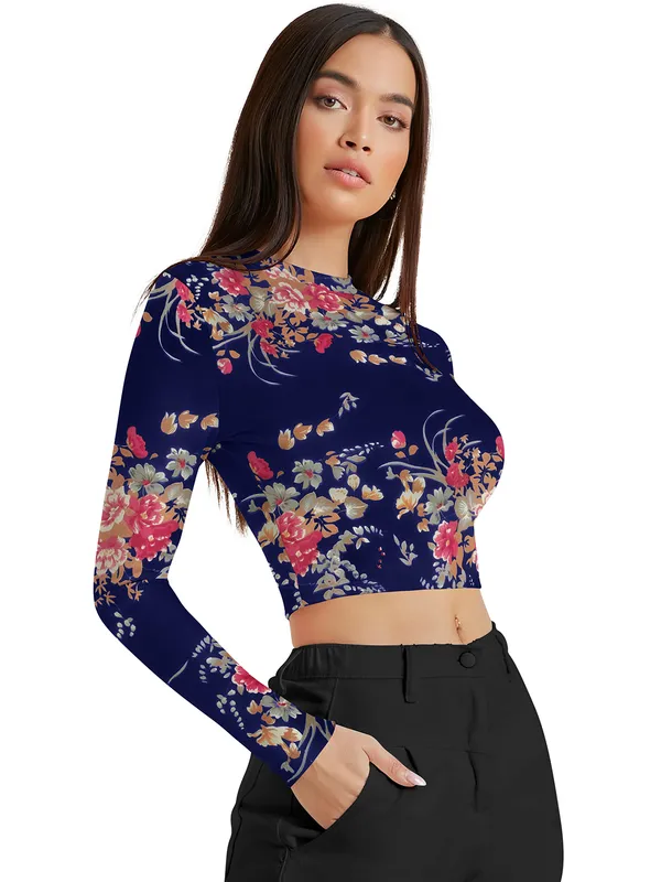 Blue_Stretch_Long_Sleeve_Top_With_Floral_Pattern_Fitted_Pullover_Soft_Breathable_Fabric_For_Trendy_Casual_Crop_Top_For_Women