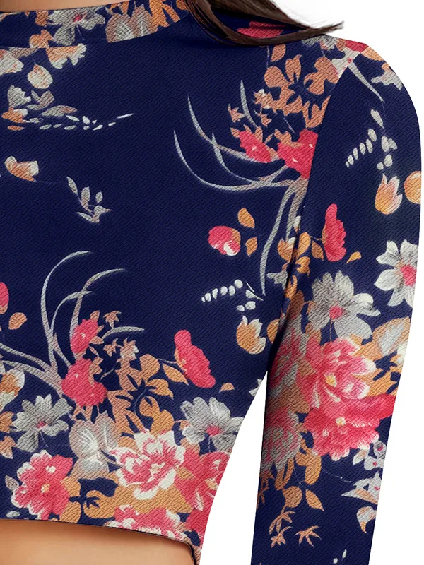 Blue_Stretch_Long_Sleeve_Top_With_Floral_Pattern_Fitted_Pullover_Soft_Breathable_Fabric_For_Trendy_Casual_Crop_Top_For_Women