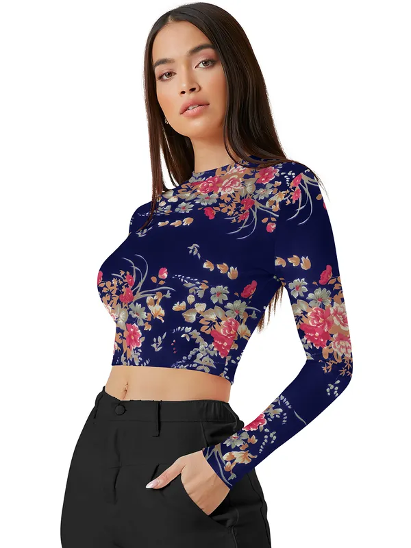 Blue_Stretch_Long_Sleeve_Top_With_Floral_Pattern_Fitted_Pullover_Soft_Breathable_Fabric_For_Trendy_Casual_Crop_Top_For_Women