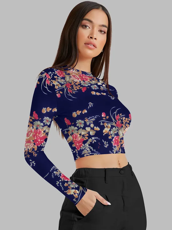 Blue_Stretch_Long_Sleeve_Top_With_Floral_Pattern_Fitted_Pullover_Soft_Breathable_Fabric_For_Trendy_Casual_Crop_Top_For_Women