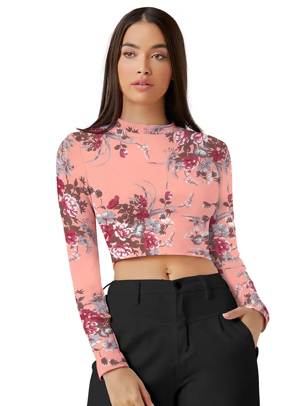 Peach_Stretch_Long_Sleeve_Top_With_Floral_Pattern_Fitted_Pullover_Soft_Breathable_Fabric_For_Trendy_Casual_Crop_Top_For_Women