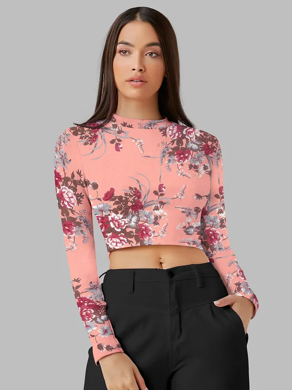 Peach_Stretch_Long_Sleeve_Top_With_Floral_Pattern_Fitted_Pullover_Soft_Breathable_Fabric_For_Trendy_Casual_Crop_Top_For_Women