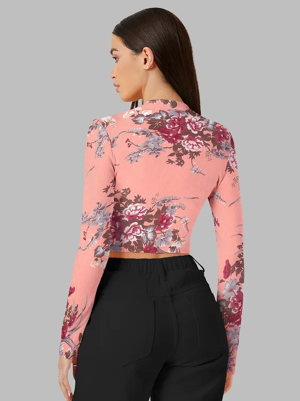 Peach_Stretch_Long_Sleeve_Top_With_Floral_Pattern_Fitted_Pullover_Soft_Breathable_Fabric_For_Trendy_Casual_Crop_Top_For_Women