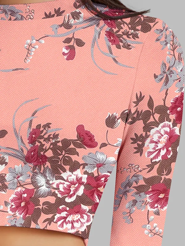 Peach_Stretch_Long_Sleeve_Top_With_Floral_Pattern_Fitted_Pullover_Soft_Breathable_Fabric_For_Trendy_Casual_Crop_Top_For_Women
