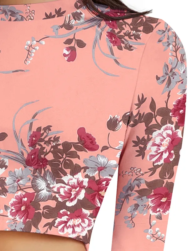 Peach_Stretch_Long_Sleeve_Top_With_Floral_Pattern_Fitted_Pullover_Soft_Breathable_Fabric_For_Trendy_Casual_Crop_Top_For_Women