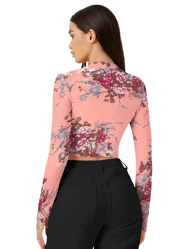 Peach_Stretch_Long_Sleeve_Top_With_Floral_Pattern_Fitted_Pullover_Soft_Breathable_Fabric_For_Trendy_Casual_Crop_Top_For_Women