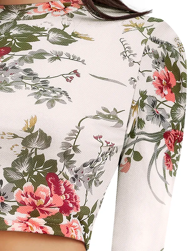 White_Stretch_Long_Sleeve_Top_With_Floral_Pattern_Fitted_Pullover_Soft_Breathable_Fabric_For_Trendy_Casual_Crop_Top_For_Women