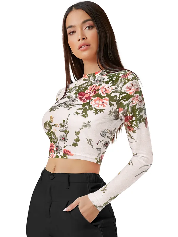 White_Stretch_Long_Sleeve_Top_With_Floral_Pattern_Fitted_Pullover_Soft_Breathable_Fabric_For_Trendy_Casual_Crop_Top_For_Women