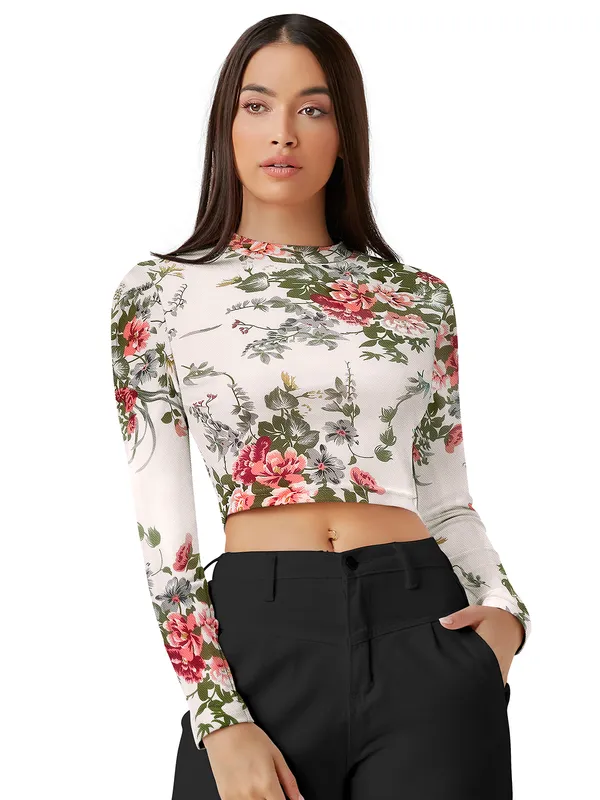 White_Stretch_Long_Sleeve_Top_With_Floral_Pattern_Fitted_Pullover_Soft_Breathable_Fabric_For_Trendy_Casual_Crop_Top_For_Women