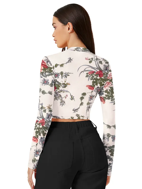 White_Stretch_Long_Sleeve_Top_With_Floral_Pattern_Fitted_Pullover_Soft_Breathable_Fabric_For_Trendy_Casual_Crop_Top_For_Women