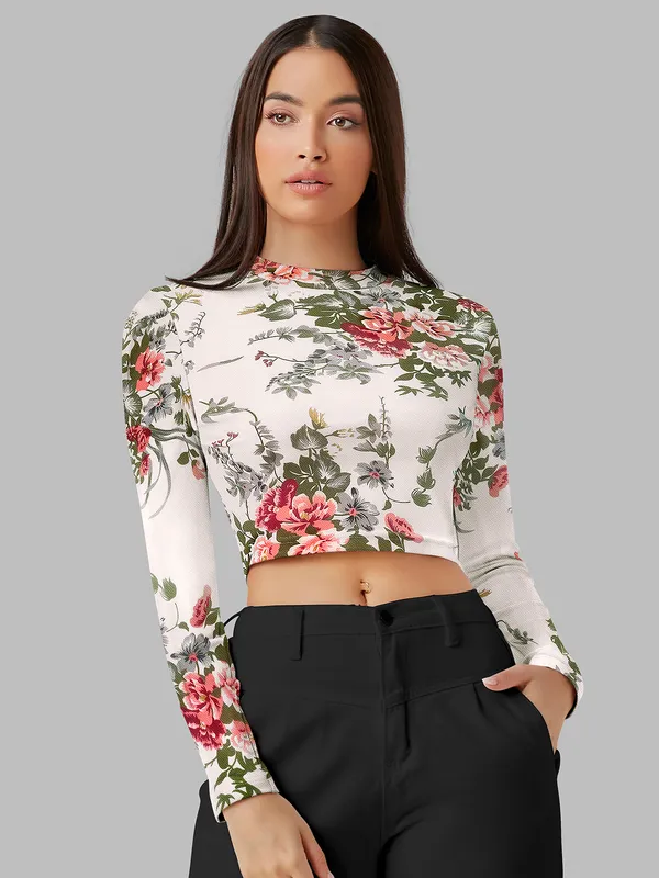 White_Stretch_Long_Sleeve_Top_With_Floral_Pattern_Fitted_Pullover_Soft_Breathable_Fabric_For_Trendy_Casual_Crop_Top_For_Women