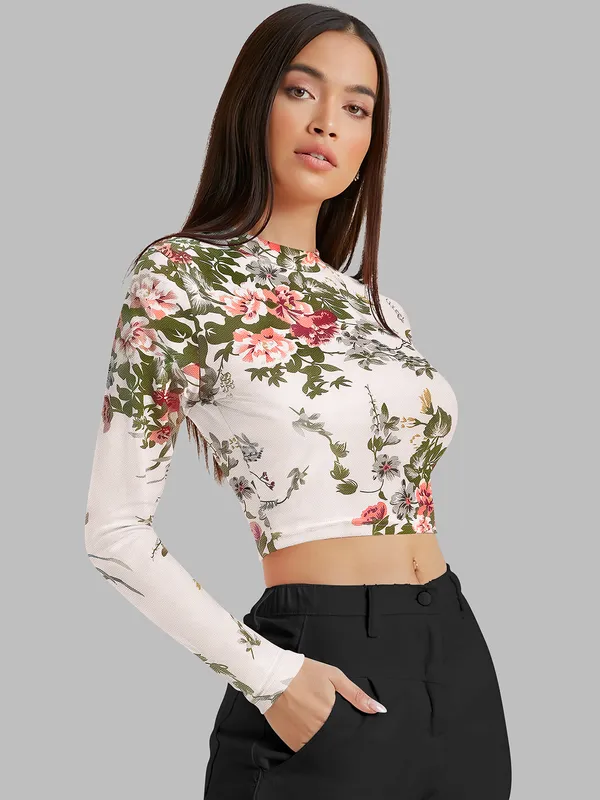 White_Stretch_Long_Sleeve_Top_With_Floral_Pattern_Fitted_Pullover_Soft_Breathable_Fabric_For_Trendy_Casual_Crop_Top_For_Women