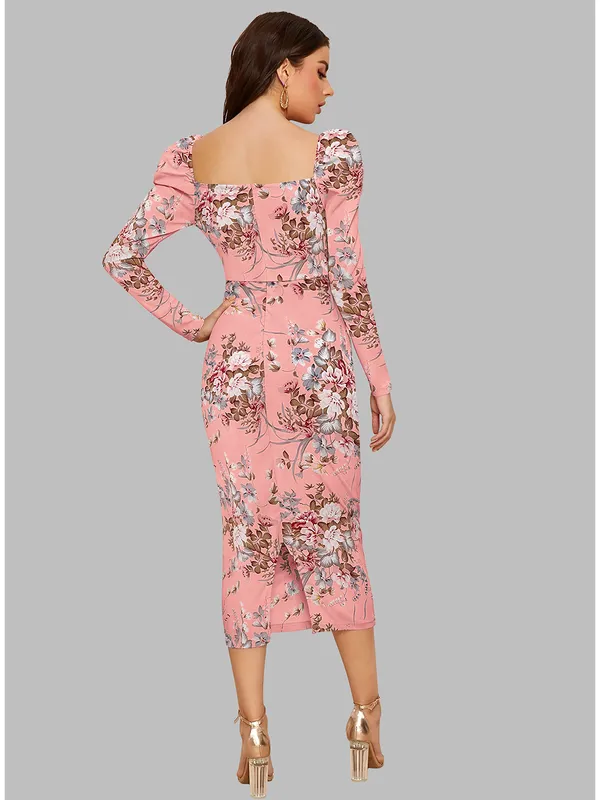 Peach_Floral_Printed_Sweetheart_Neck_Slim_Fit_Bodycon_Bodycon_Western_Dress_For_Women