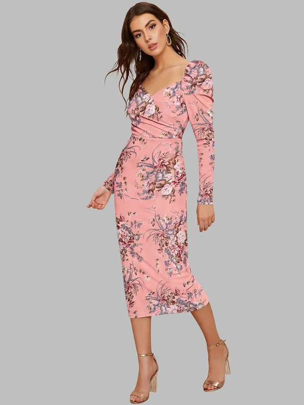 Peach_Floral_Printed_Sweetheart_Neck_Slim_Fit_Bodycon_Bodycon_Western_Dress_For_Women