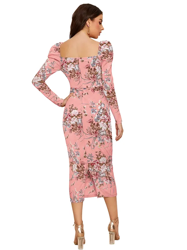 Peach_Floral_Printed_Sweetheart_Neck_Slim_Fit_Bodycon_Bodycon_Western_Dress_For_Women