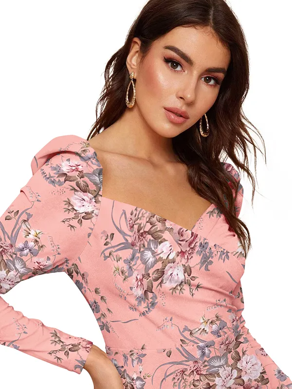 Peach_Floral_Printed_Sweetheart_Neck_Slim_Fit_Bodycon_Bodycon_Western_Dress_For_Women