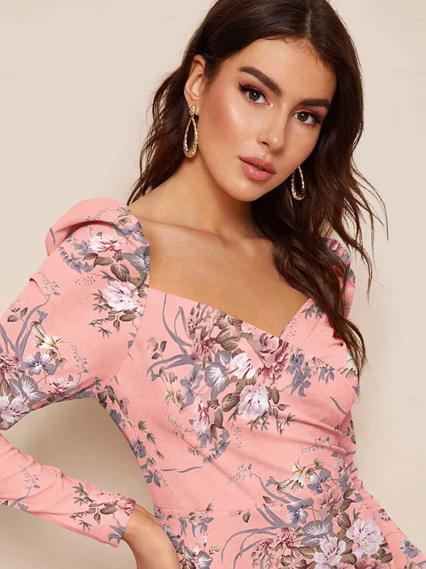 Peach_Floral_Printed_Sweetheart_Neck_Slim_Fit_Bodycon_Bodycon_Western_Dress_For_Women