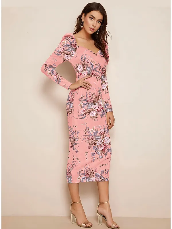 Peach_Floral_Printed_Sweetheart_Neck_Slim_Fit_Bodycon_Bodycon_Western_Dress_For_Women