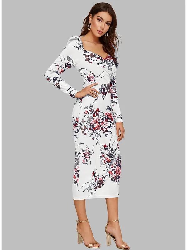 White_Floral_Printed_Sweetheart_Neck_Slim_Fit_Bodycon_Bodycon_Western_Dress_For_Women
