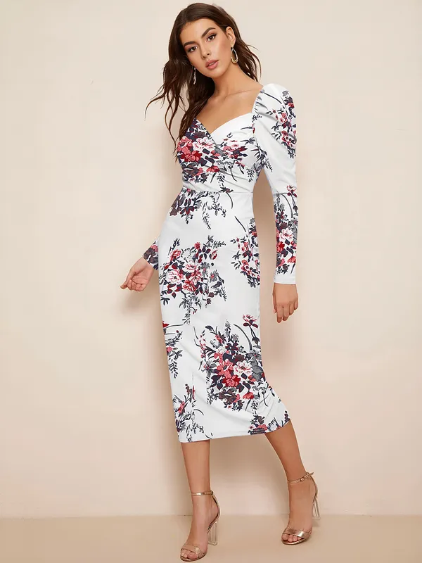 White_Floral_Printed_Sweetheart_Neck_Slim_Fit_Bodycon_Bodycon_Western_Dress_For_Women