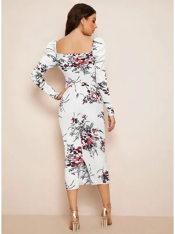 White_Floral_Printed_Sweetheart_Neck_Slim_Fit_Bodycon_Bodycon_Western_Dress_For_Women