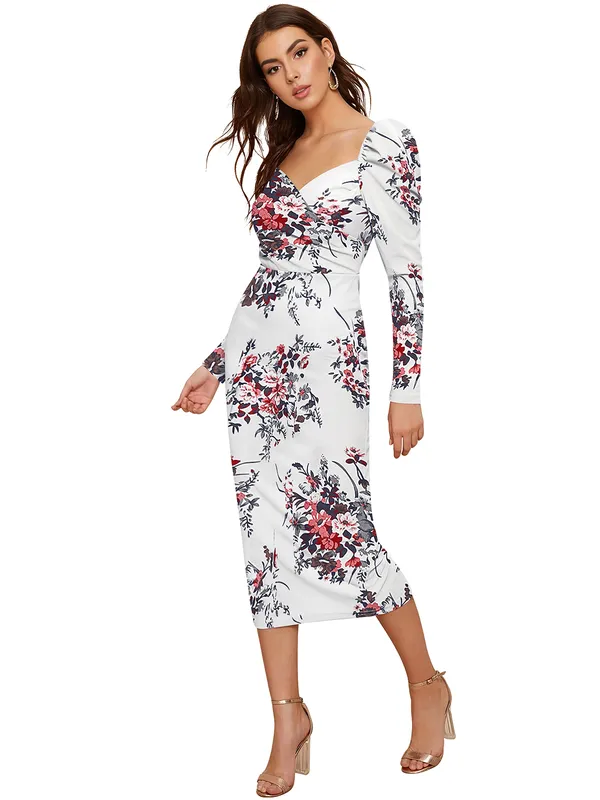 White_Floral_Printed_Sweetheart_Neck_Slim_Fit_Bodycon_Bodycon_Western_Dress_For_Women