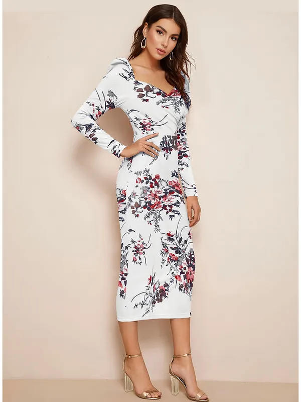 White_Floral_Printed_Sweetheart_Neck_Slim_Fit_Bodycon_Bodycon_Western_Dress_For_Women
