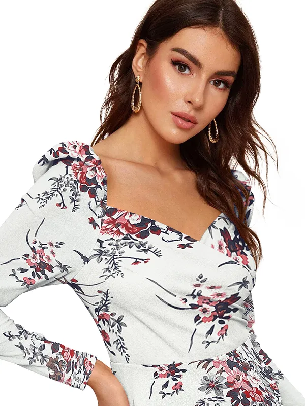 White_Floral_Printed_Sweetheart_Neck_Slim_Fit_Bodycon_Bodycon_Western_Dress_For_Women