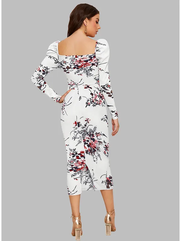 White_Floral_Printed_Sweetheart_Neck_Slim_Fit_Bodycon_Bodycon_Western_Dress_For_Women