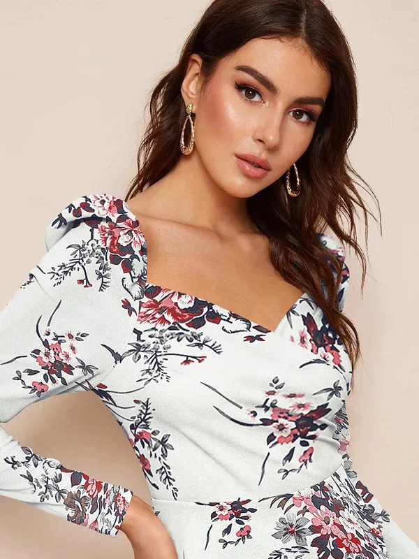 White_Floral_Printed_Sweetheart_Neck_Slim_Fit_Bodycon_Bodycon_Western_Dress_For_Women