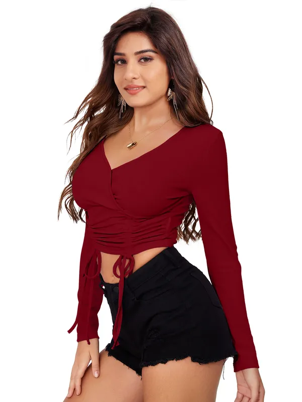 Maroon_Smocked_Crepe_Wrap_Crop_Top_For_Women