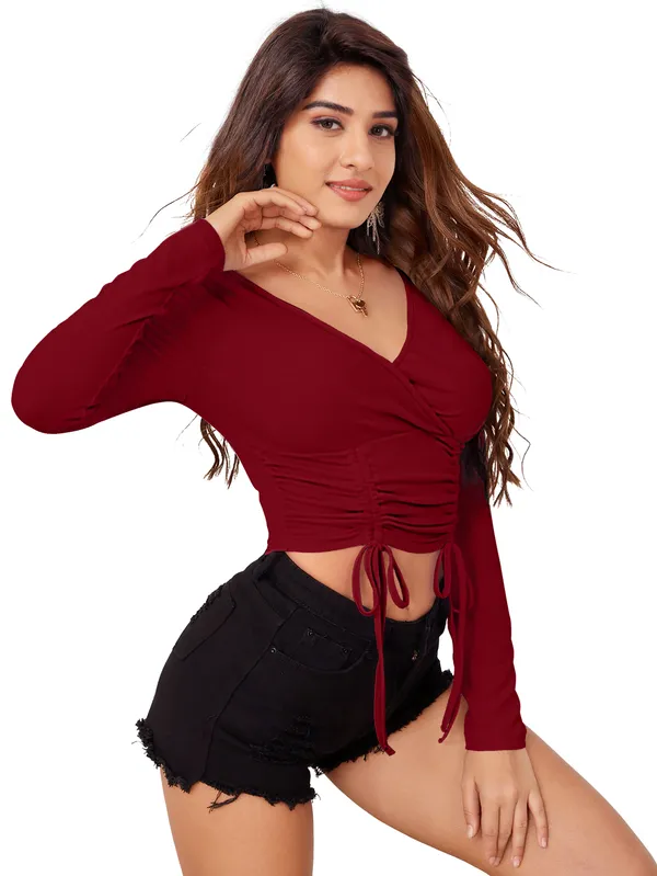 Maroon_Smocked_Crepe_Wrap_Crop_Top_For_Women