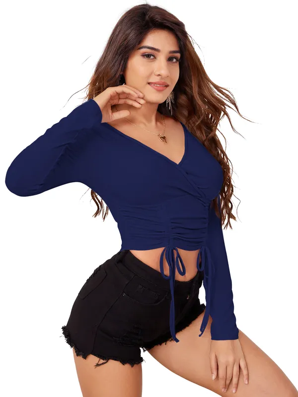 Navy_Blue_Smocked_Crepe_Wrap_Top_For_Women