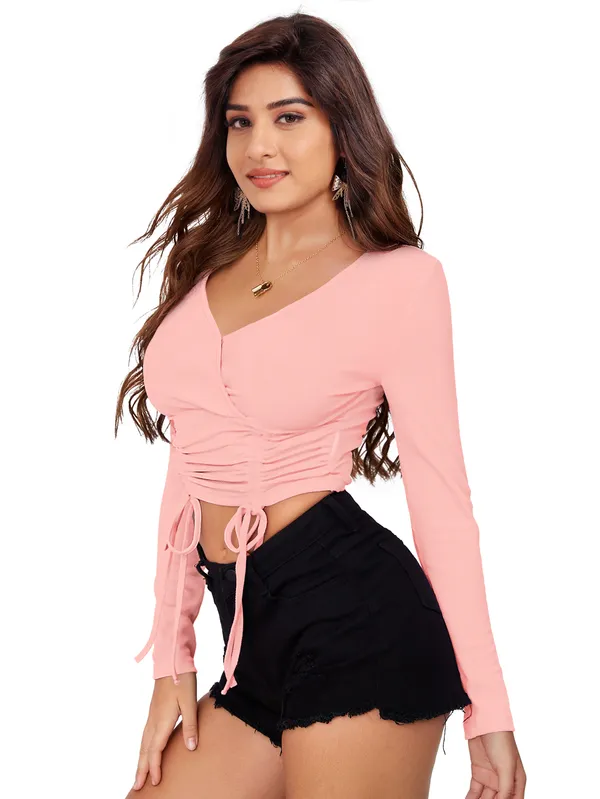 Peach_Polyester_And_Spandex_Smocked_Crepe_Wrap_Top_For_Women