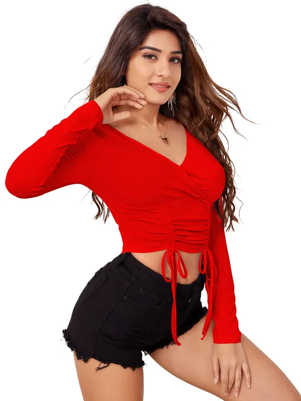 Red_Polyester_And_Spandex_Smocked_Crepe_Wrap_Top_For_Women