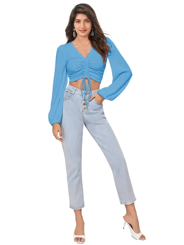 Sky_Blue_Casual_Balloon_Sleeve_Solid_Top_For_Women